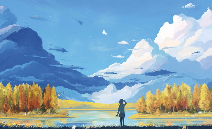 Fall Scenery Painting, person standing in front of body of water digital painting, HD wallpaper
