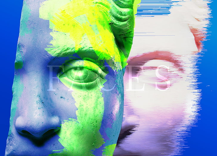digital art, abstract, statue, multi colored, green color, one person