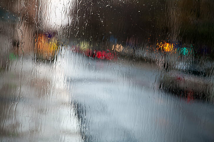 glass with water across cars on roads, mood, rain, Portugal, Lisbon, HD wallpaper
