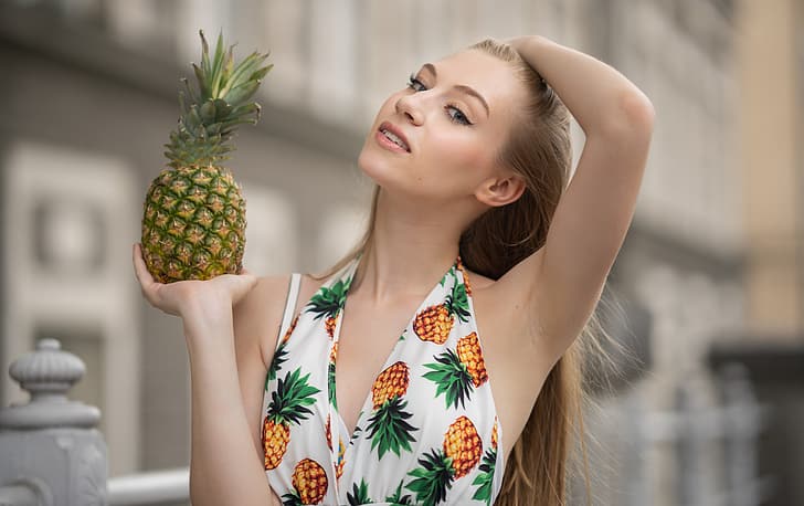 look, girl, pose, hands, pineapple, bokeh, Angelica, Martin Ecker, HD wallpaper