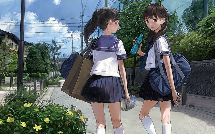 anime girls, Kishida Mel, schoolgirl, school uniform, brunette
