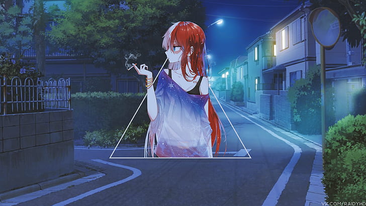 anime, anime girls, picture-in-picture, night, redhead, smoking