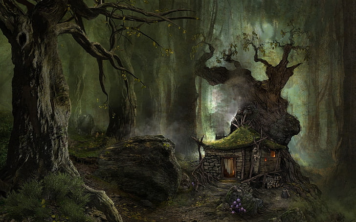 illustration of house in forest, digital art, fantasy art, nature