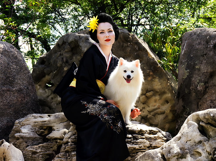 japanese spitz, white dogs, kimono, women, geisha, nature, friendship