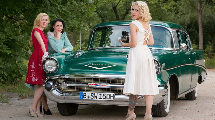 women, dress, hair  , car, event, prom, old car, red, blue