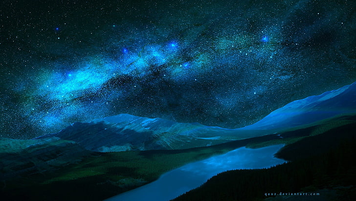 clusters of stars, nature, landscape, Milky Way, DeviantArt, lake