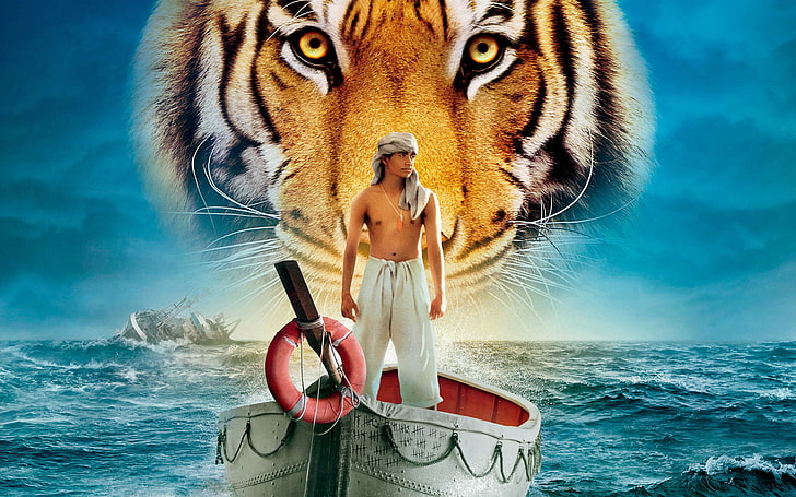 Life of Pi logo, sea, water, tiger, boat, people, ship, guy, animal wildlife