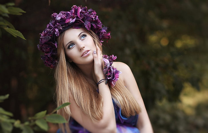 women's purple petaled flower crown, woman wearing purple headdress