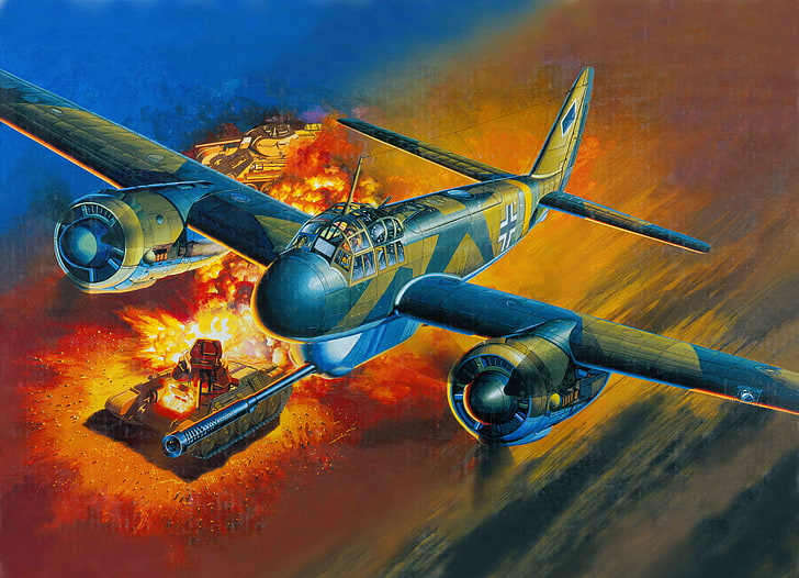 blue and brown fighter plane illustration, the sky, fire, war