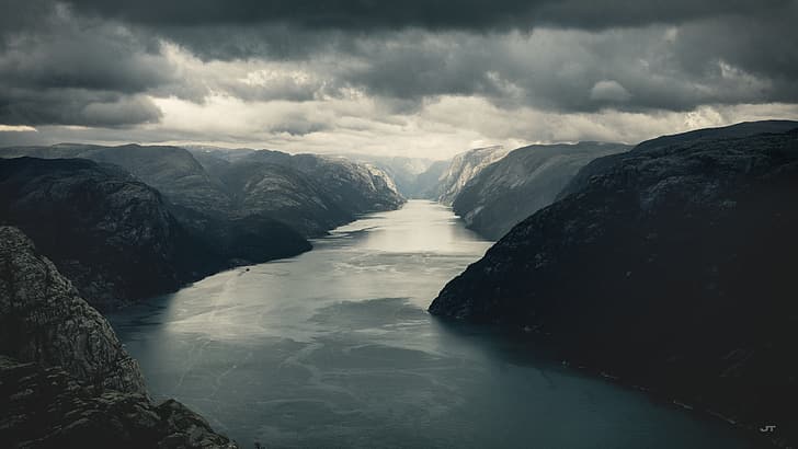 photography, Norway, Preikestolen, mountains, forest, river, HD wallpaper