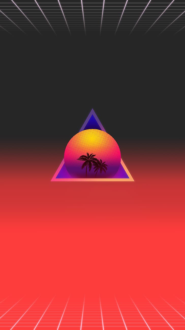 synthwave, OutRun, vaporwave, Retrowave, sunset, palm trees, HD wallpaper