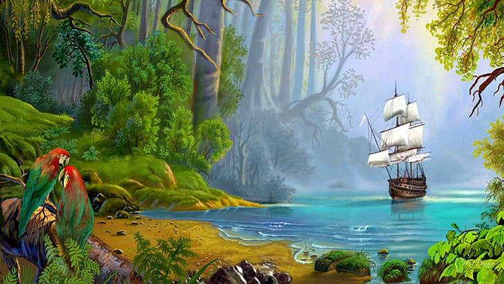 Isl Sail, illustration of galleon shop sailing on body of water across jungle with parrots
