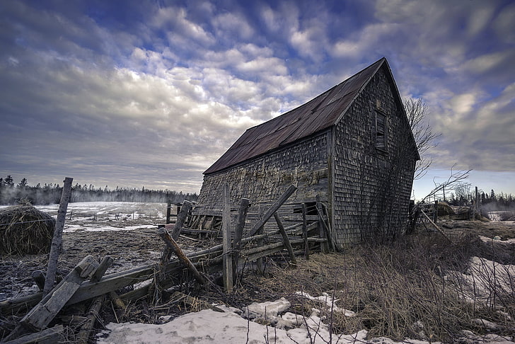 blue, sky, ruin, barn, cloud - sky, abandoned, built structure