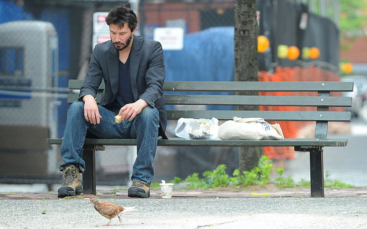 Keanu Reeves, bench, sadness, shoes, men, outdoors, sitting, one Person
