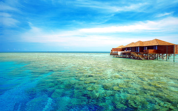 Maldives Ari Atoll Tropics Sea Beach Resort Lily Wooden Bungalow Houses in Water Wallpaper Hd 1920×1200, HD wallpaper