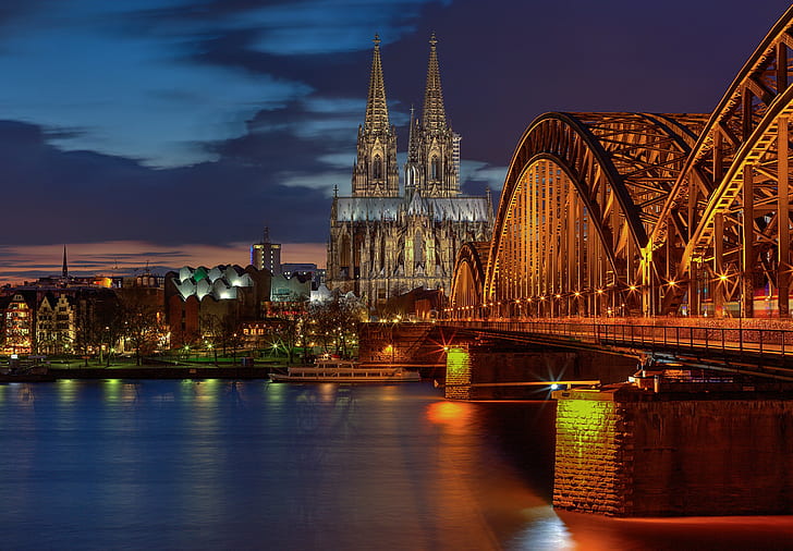 Cologne Cathedral, Germany, cologne cathedral, bridge, lights