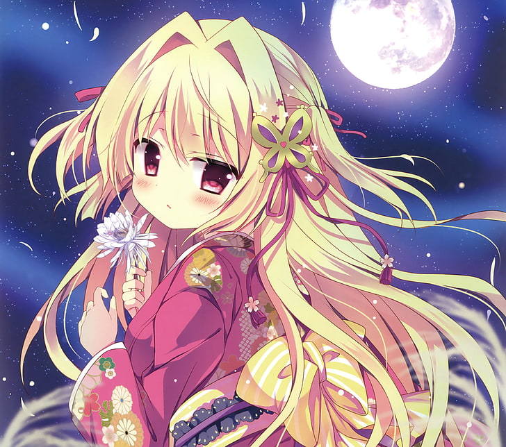 anime girl, moe, blonde, moon, kimono, shy expression, night, HD wallpaper