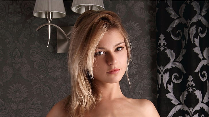 Beautiful blonde girl, interior, HD wallpaper