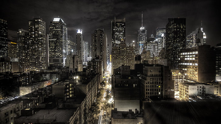 high rise buildings, night, city, lights, skyscraper, New York City