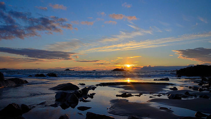 Sunset Beach Ocean Rocks Stones HD, nature, HD wallpaper