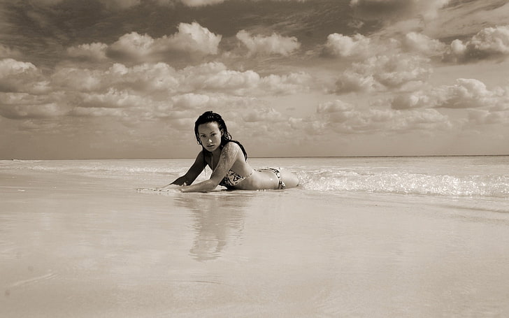 women's black-and-white bikini, sand, beach, the sky, clouds