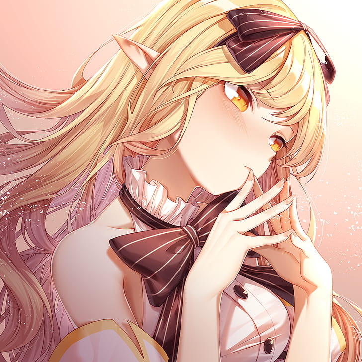 pointed ears, yellow eyes, ribbon, blonde