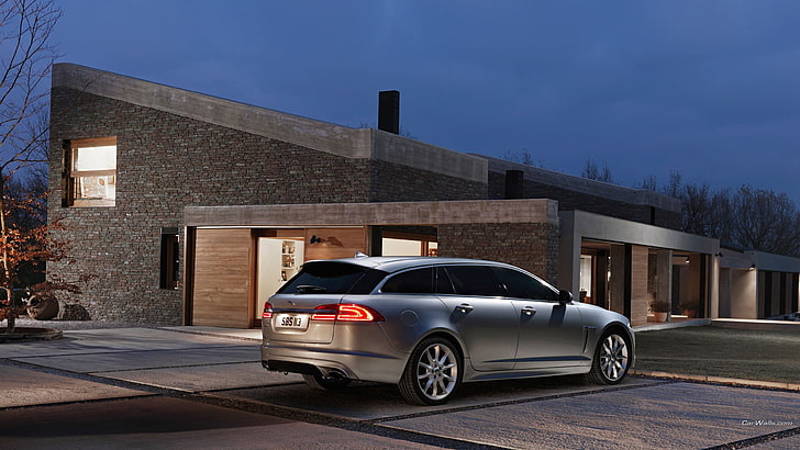 Jaguar XF, house, car, vehicle, silver cars, mode of transportation