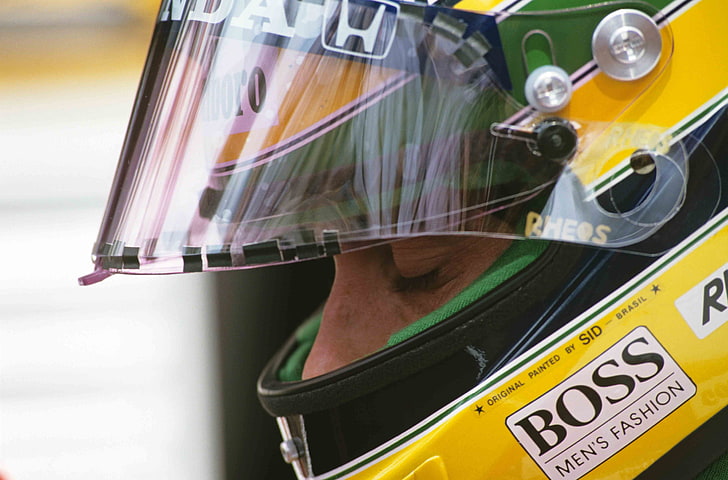 yellow, black, and green helmet, Ayrton Senna, Formula 1, sports