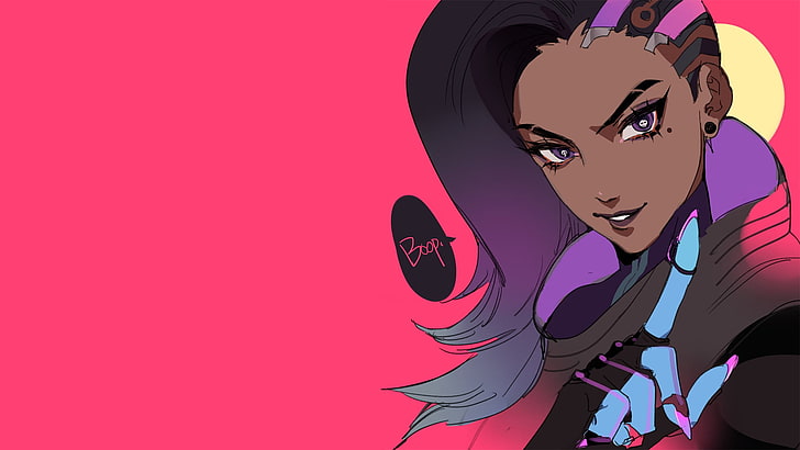 Sombra (Overwatch), ebony, pink color, one person, colored background