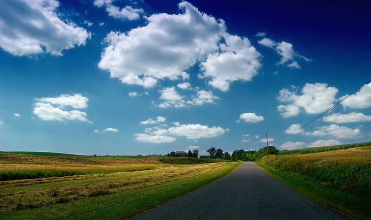 landscape photo of pathway between green grass field, Road Less Traveled