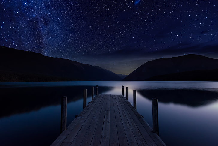 brown wooden dock, the sky, stars, night, lake, Marina, nature