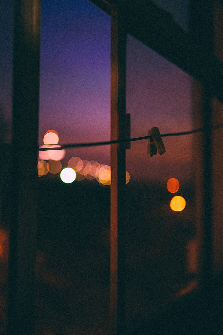 black cable, clothespin, light, window, glare, night, street Light, HD wallpaper