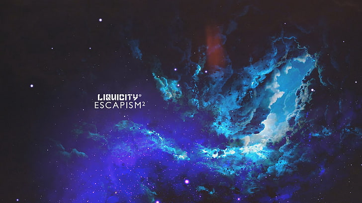 blue and purple galaxy with Liquicity Escapism text overlay, space