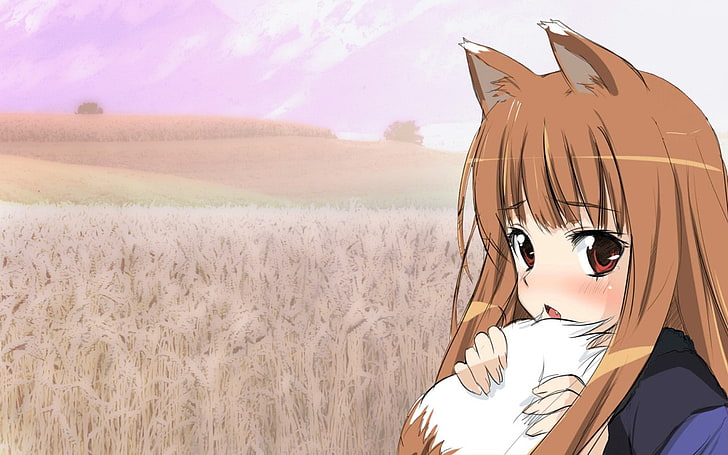Holo, Spice and Wolf, wolf girls, anime girls, Okamimimi, field, HD wallpaper