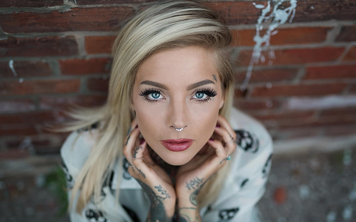 women, model, tattoo, nose rings, blonde, blue eyes, portrait