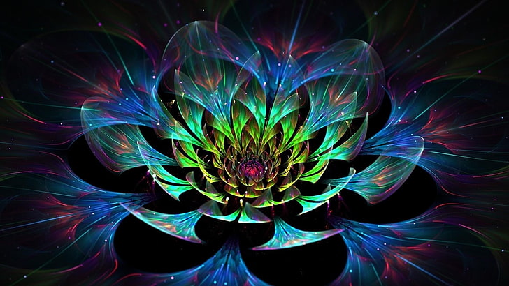 flower, 3d, digital art, lights, colors, lotus, HD wallpaper