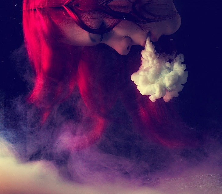 artwork, smoke, women, smoking, digital art, model, redhead
