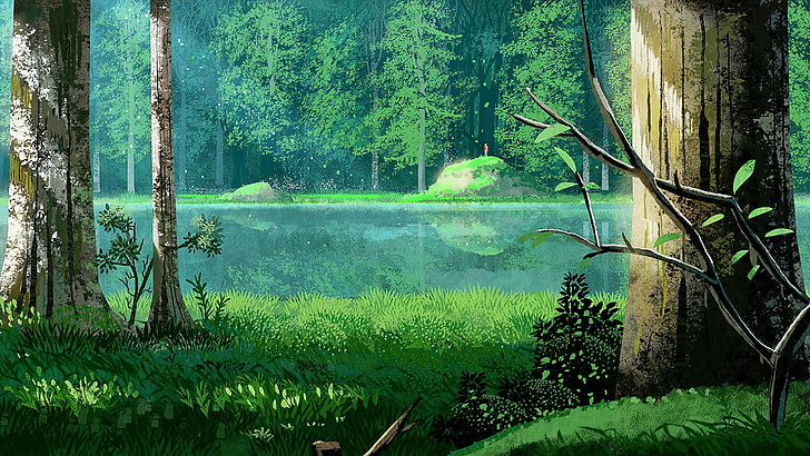 green grass, lake, environment, digital art, plant, tree, growth, HD wallpaper