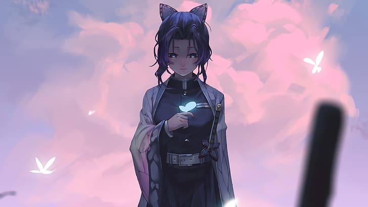 anime girls, butterfly, simple background, sword, gray eyes, HD wallpaper