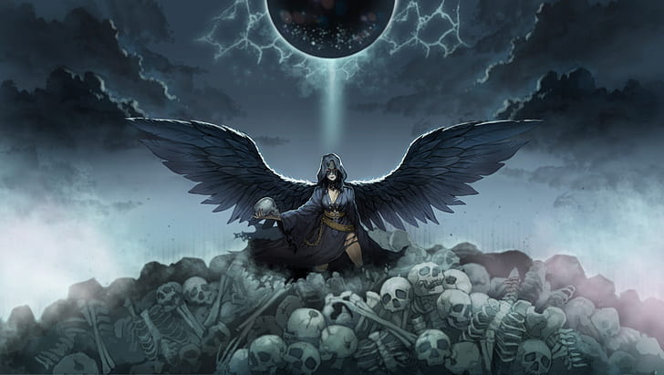 look, wings, angel, fantasy, art, skull, skeletons, the angel of death, HD wallpaper