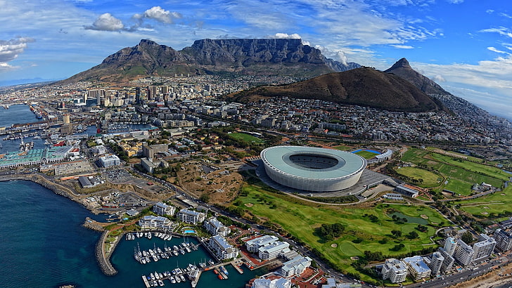 stadium illustration, Cape Town, Mother City, harbor, landscape