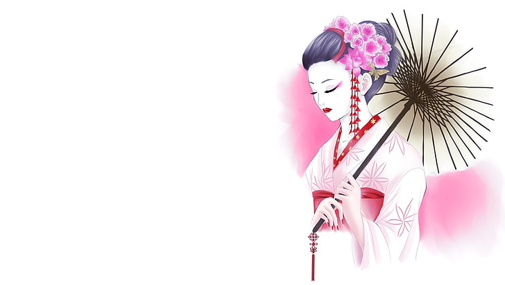 geisha with umbrella clip art, girl, flowers, figure, kimono, HD wallpaper