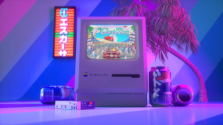 vintage, neon, synthwave, video games, can, monitor, HD wallpaper