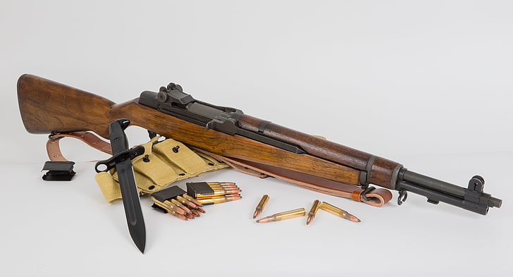 black and brown hunting rifle, weapons, background, cartridges