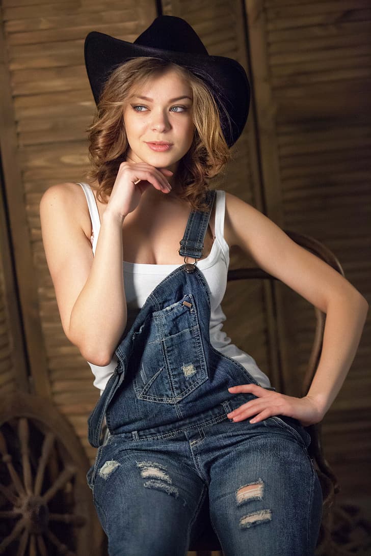 women, model, cowgirl, women indoors, hat, overalls, women with hats, HD wallpaper