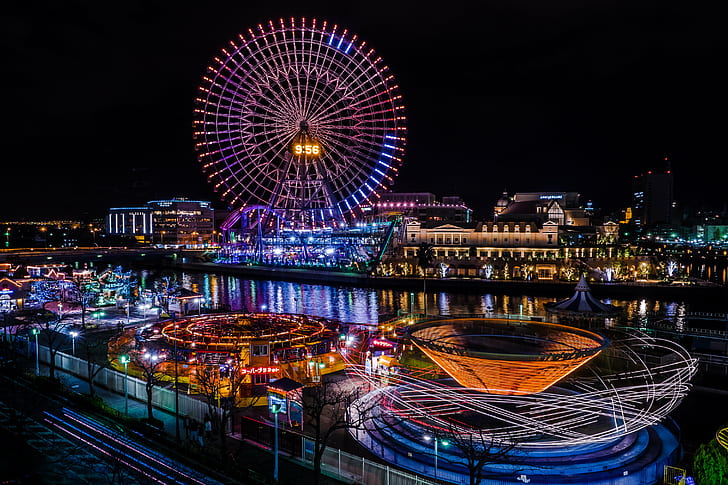 night photography of city, World at night, Amusement park, Yokohama, HD wallpaper
