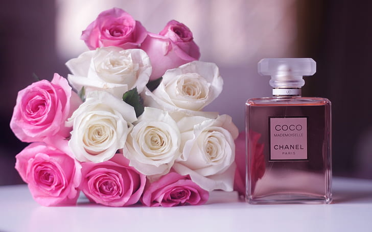 Chanel Coco Mademoiselle perfume, white and pink rose flowers, HD wallpaper