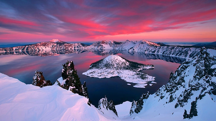 HD wallpaper: lake, mountains, snow, sky, crater lake, nature, landscape |  Wallpaper Flare