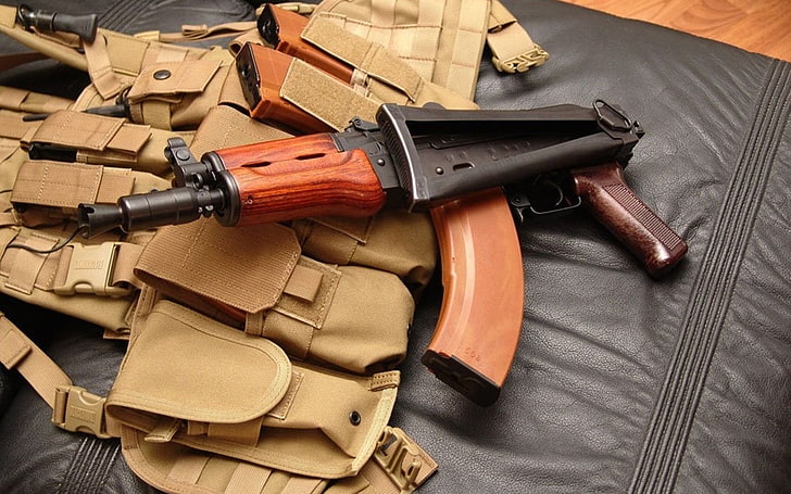 black and brown AK47 rifle, weapons, background, machine, Kalashnikov, HD wallpaper