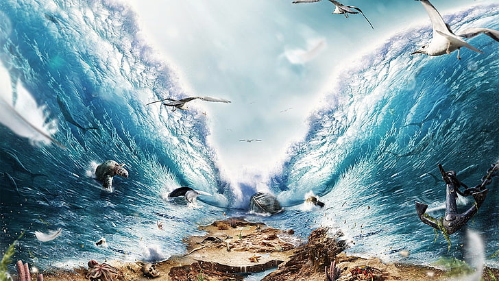Moses digital wallpaper, artwork, animals, waves, digital art